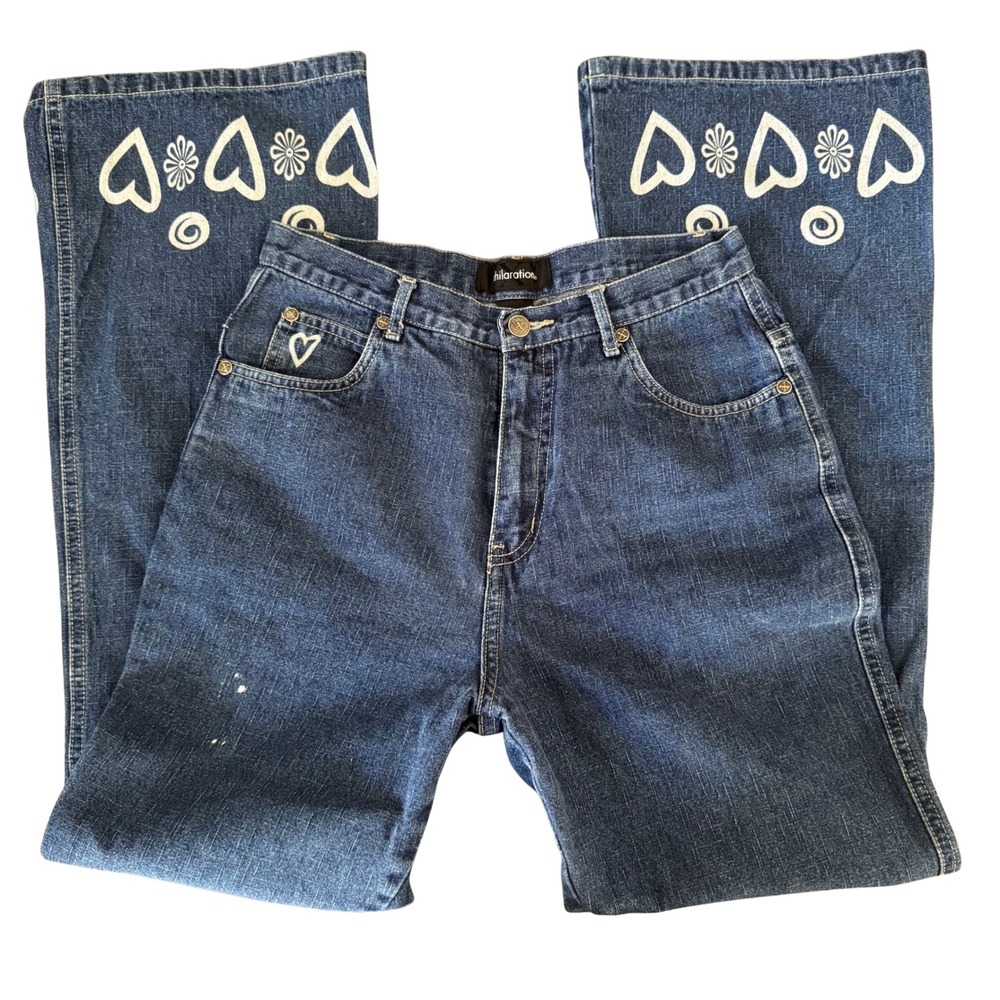 Xhilaration Wide Leg Jeans Heart Flower Print Blue Denim High Rise Y2K 28x28